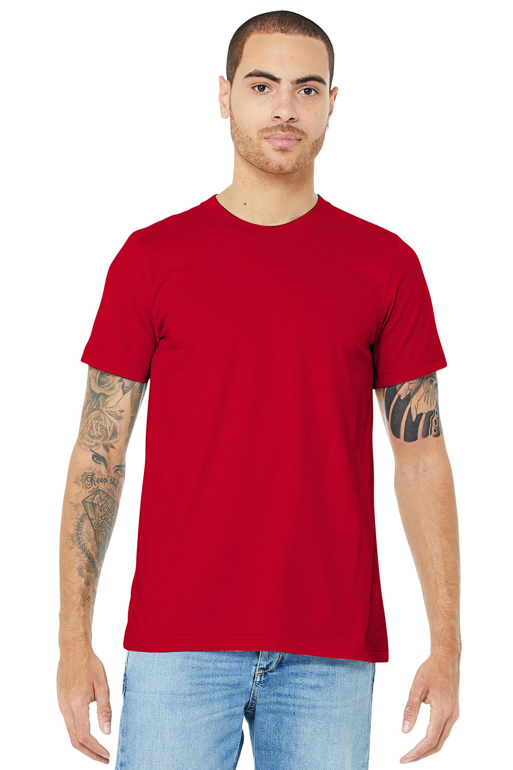Bella + Canvas BC3001/3001C Mens Jersey Short Sleeve Crewneck T-Shirt Red Model Front