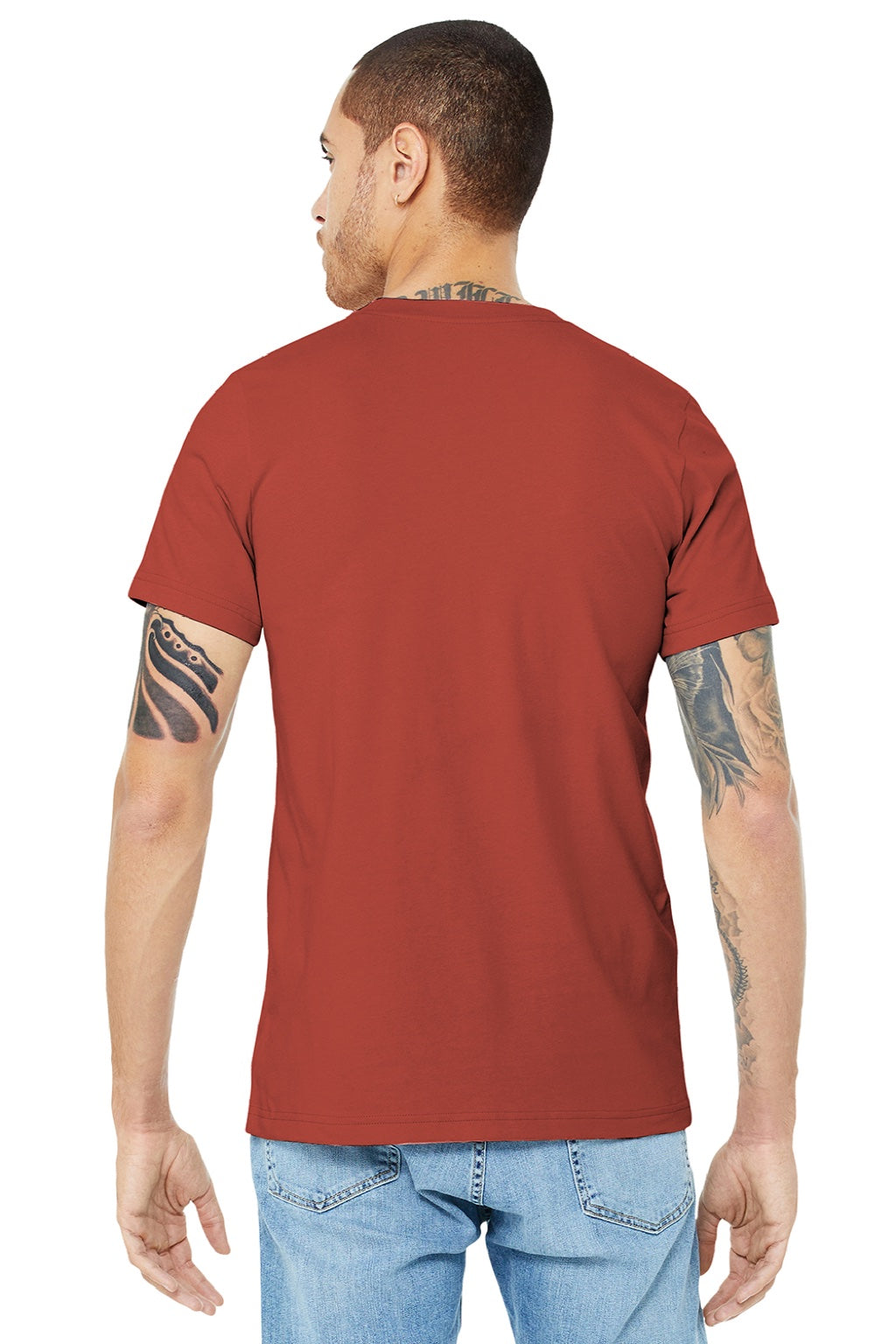 Bella + Canvas BC3001/3001 Mens Jersey Short Sleeve Crewneck T-Shirt Rust Red Model Back