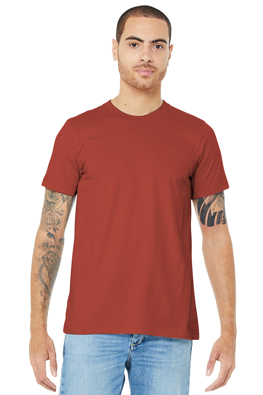 Bella + Canvas BC3001/3001C Mens Jersey Short Sleeve Crewneck T-Shirt Rust Red Model Front