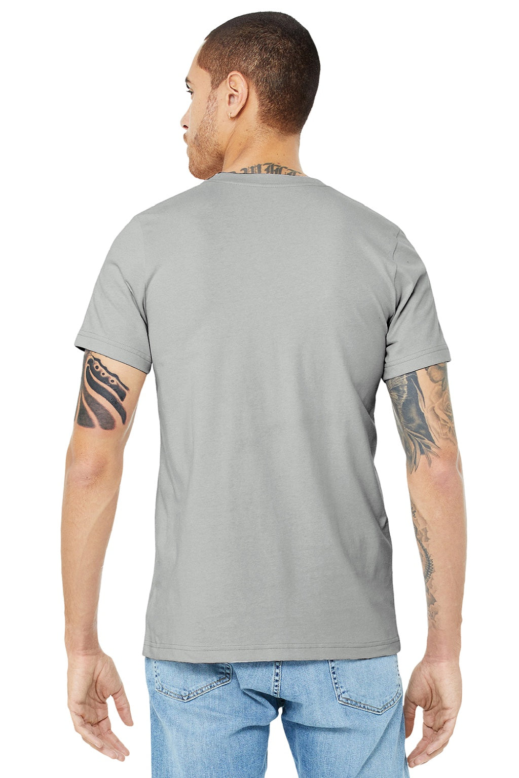 Bella + Canvas BC3001/3001 Mens Jersey Short Sleeve Crewneck T-Shirt Silver Grey Model Back