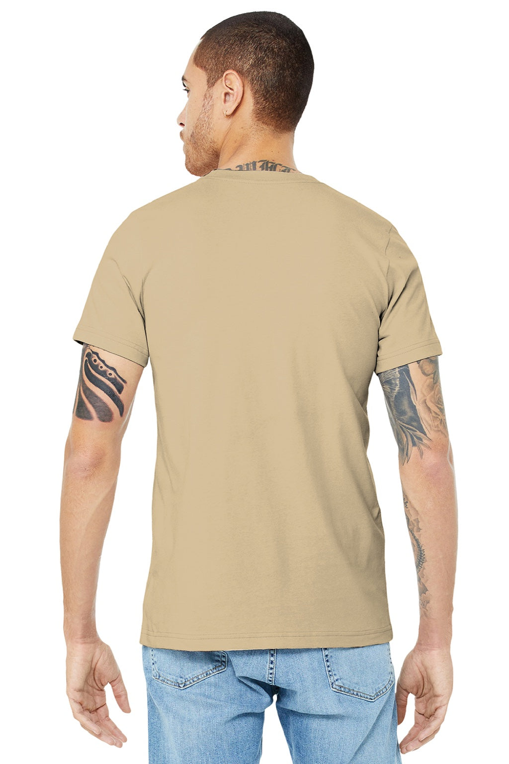 Bella + Canvas BC3001/3001 Mens Jersey Short Sleeve Crewneck T-Shirt Soft Cream Model Back
