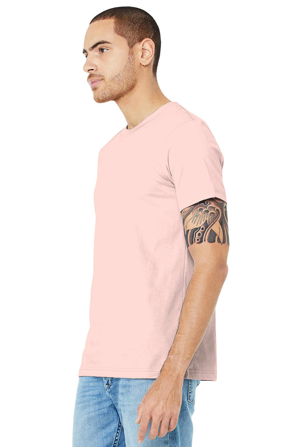 Bella + Canvas BC3001/3001C Mens Jersey Short Sleeve Crewneck T-Shirt Soft Pink Model 3Q