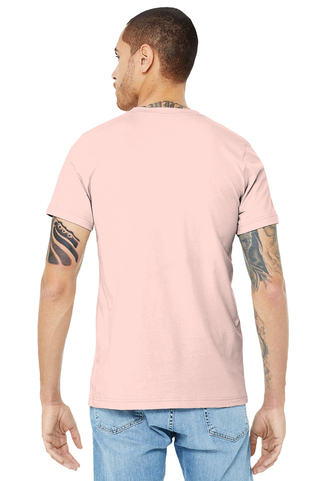 Bella + Canvas BC3001/3001 Mens Jersey Short Sleeve Crewneck T-Shirt Soft Pink Model Back