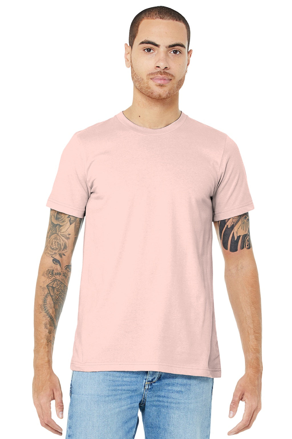 Bella + Canvas BC3001/3001 Mens Jersey Short Sleeve Crewneck T-Shirt Soft Pink Model Front