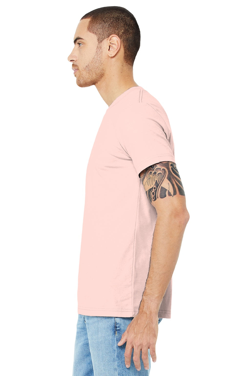 Bella + Canvas BC3001/3001 Mens Jersey Short Sleeve Crewneck T-Shirt Soft Pink Model Side
