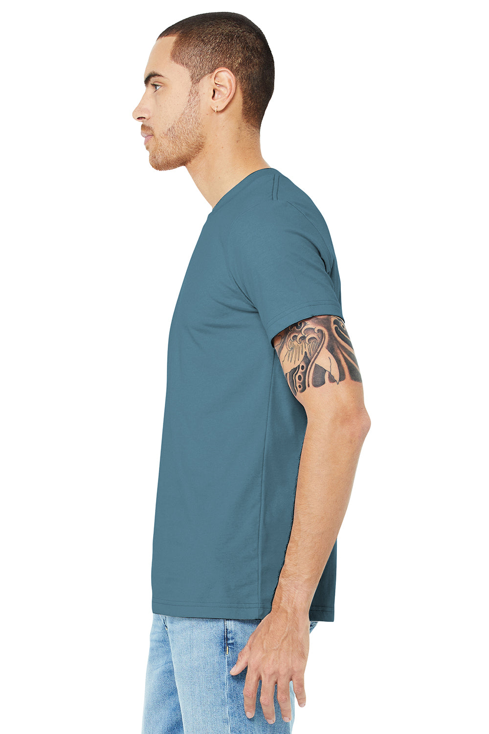 Bella + Canvas BC3001/3001C Mens Jersey Short Sleeve Crewneck T-Shirt Steel Blue Model Side