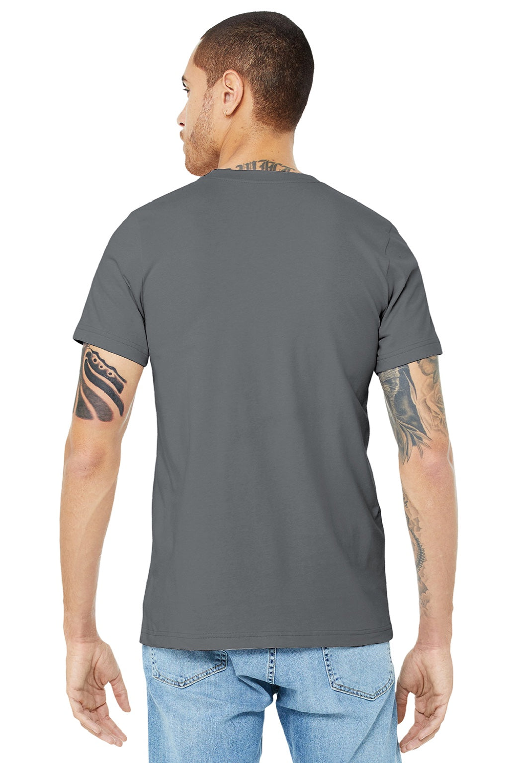 Bella + Canvas BC3001/3001 Mens Jersey Short Sleeve Crewneck T-Shirt Storm Grey Model Back