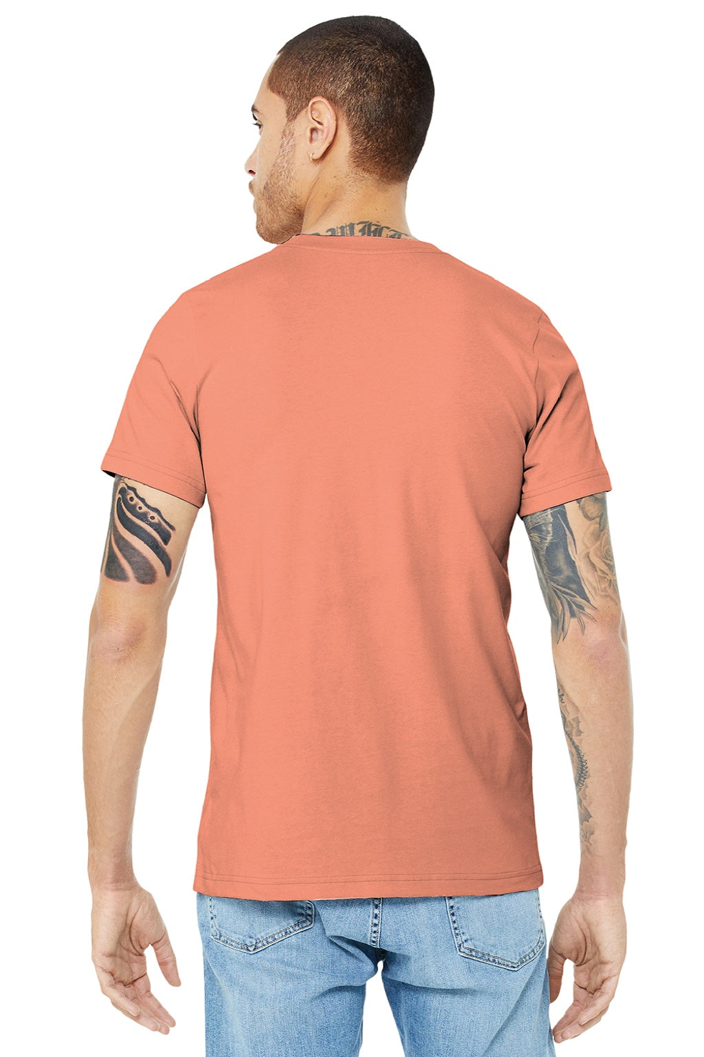Bella + Canvas BC3001/3001 Mens Jersey Short Sleeve Crewneck T-Shirt Sunset Orange Model Back