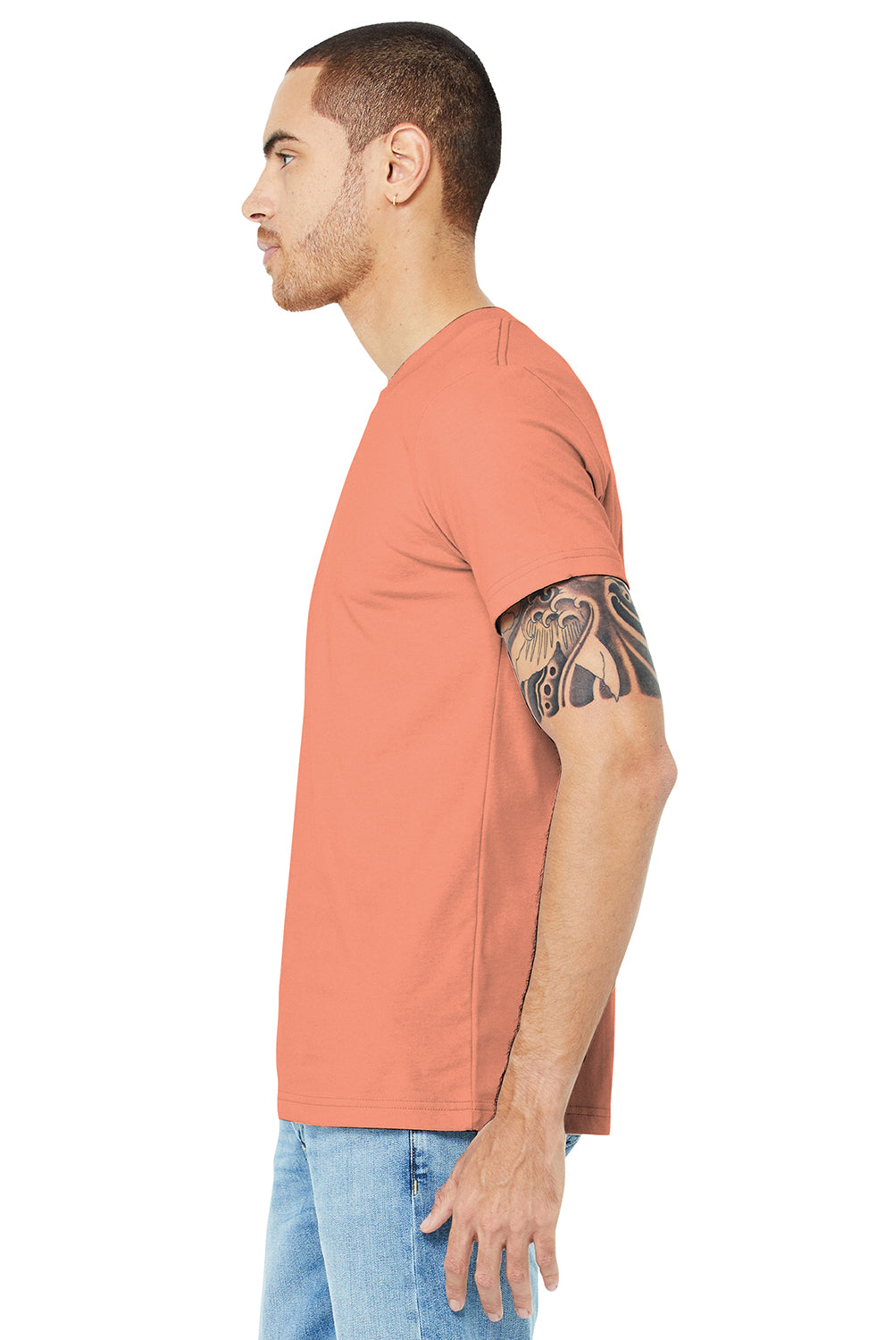 Bella + Canvas BC3001/3001C Mens Jersey Short Sleeve Crewneck T-Shirt Sunset Orange Model Side