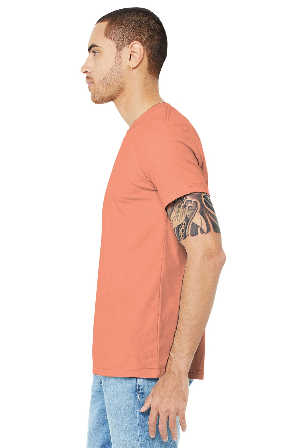 Bella + Canvas BC3001/3001 Mens Jersey Short Sleeve Crewneck T-Shirt Sunset Orange Model Side