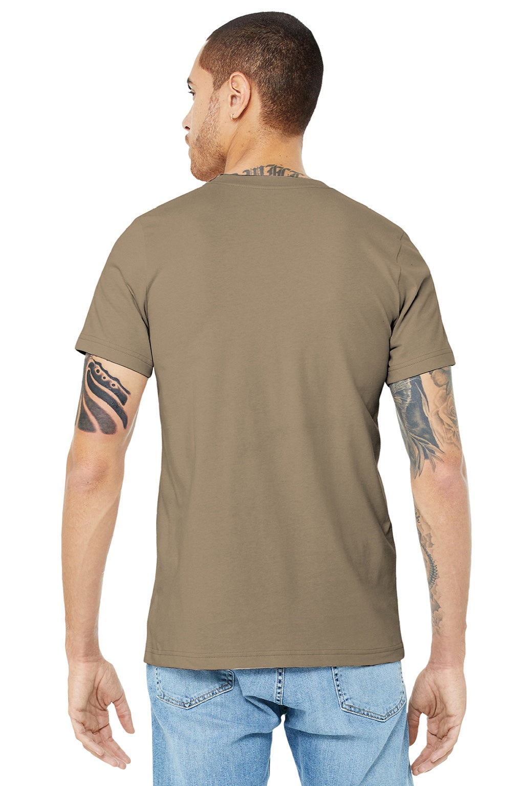 Bella + Canvas BC3001/3001 Mens Jersey Short Sleeve Crewneck T-Shirt Tan Brown Model Back
