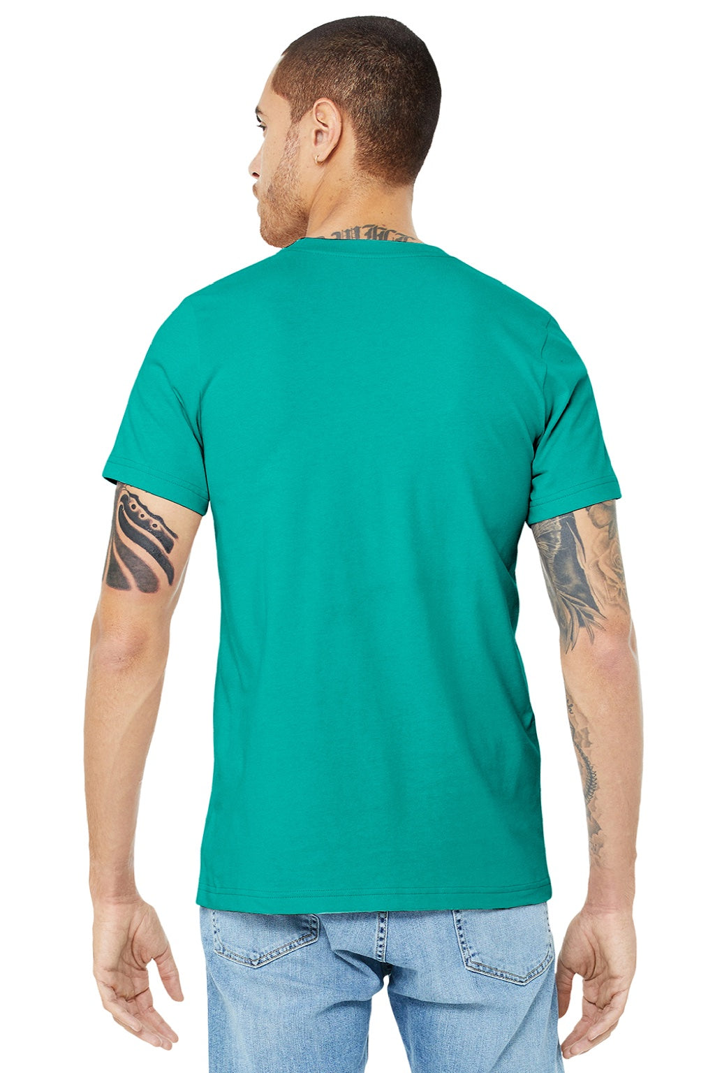 Bella + Canvas BC3001/3001 Mens Jersey Short Sleeve Crewneck T-Shirt Teal Green Model Back