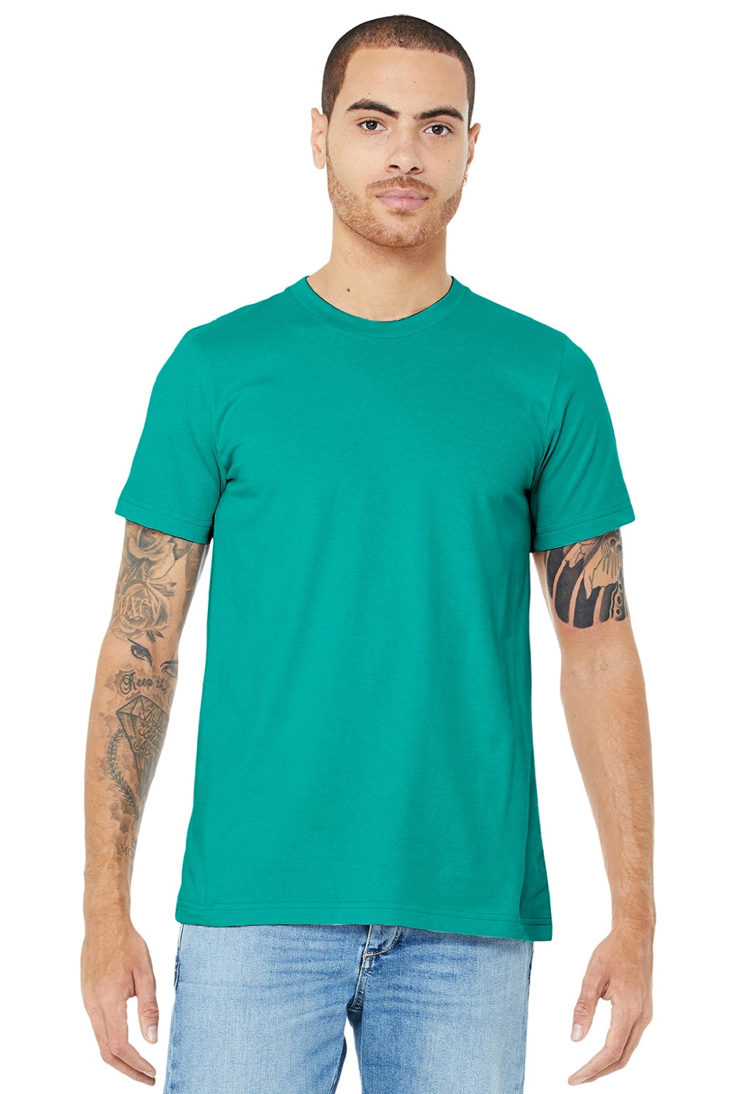 Bella + Canvas BC3001/3001 Mens Jersey Short Sleeve Crewneck T-Shirt Teal Green Model Front
