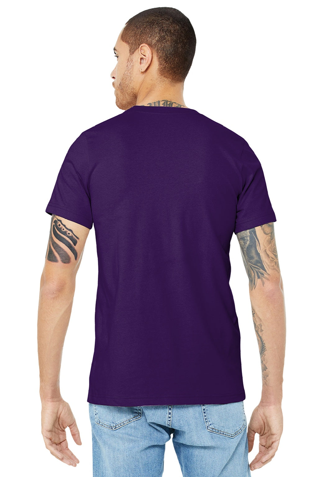 Bella + Canvas BC3001/3001 Mens Jersey Short Sleeve Crewneck T-Shirt Team Purple Model Back