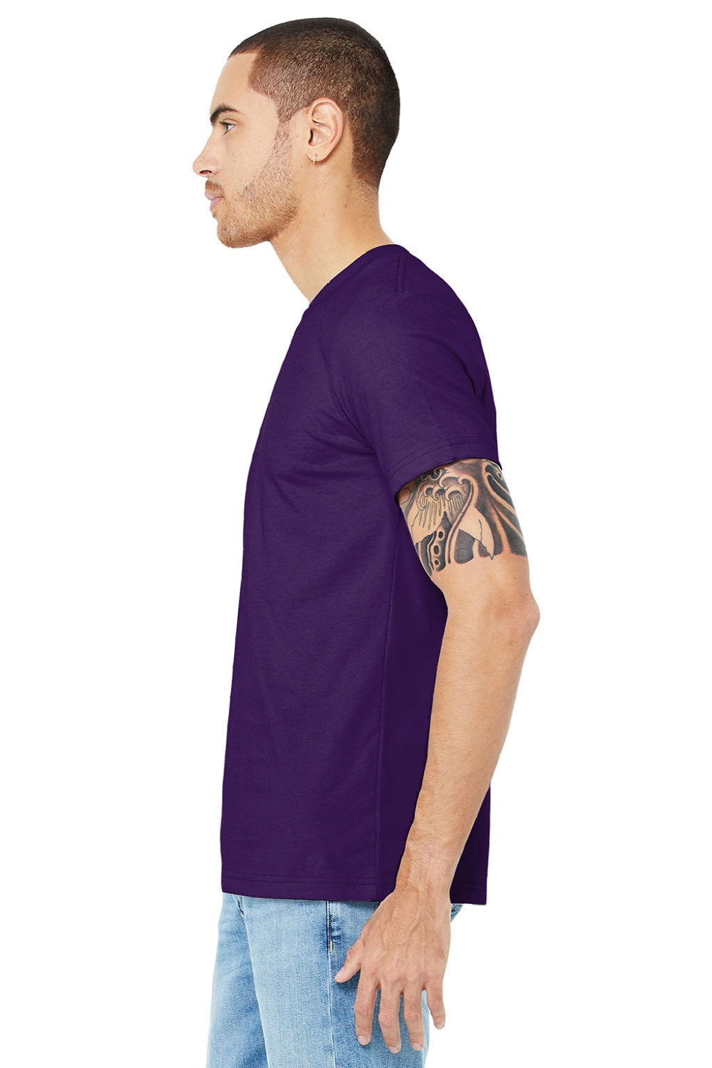 Bella + Canvas BC3001/3001 Mens Jersey Short Sleeve Crewneck T-Shirt Team Purple Model Side
