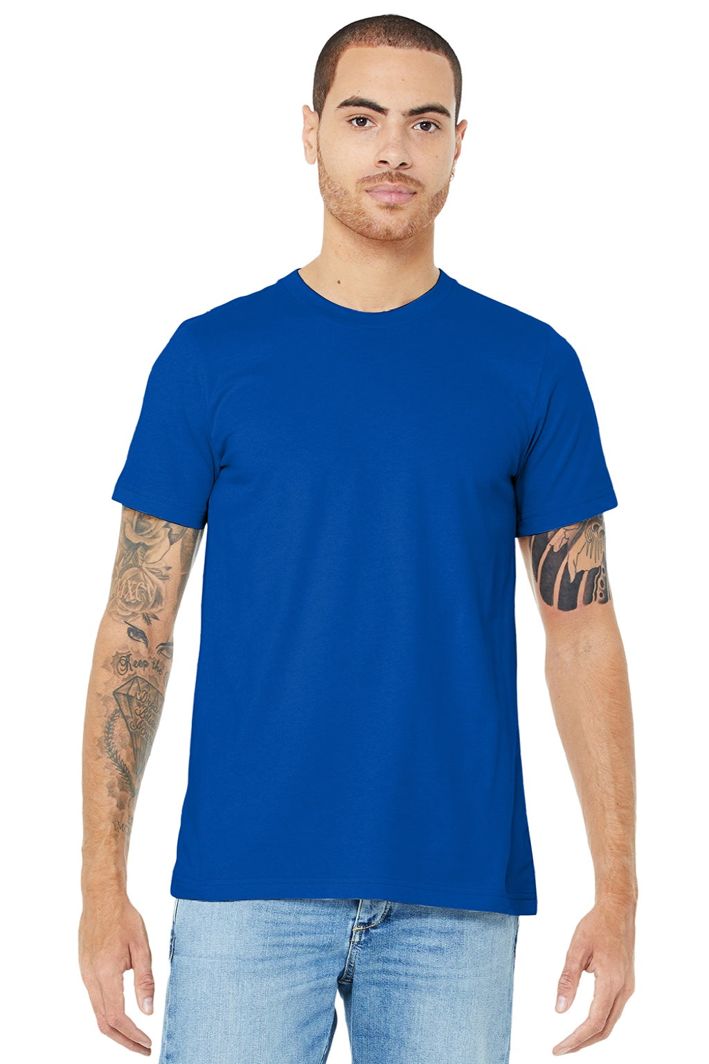 Bella + Canvas BC3001/3001 Mens Jersey Short Sleeve Crewneck T-Shirt True Royal Blue Model Front