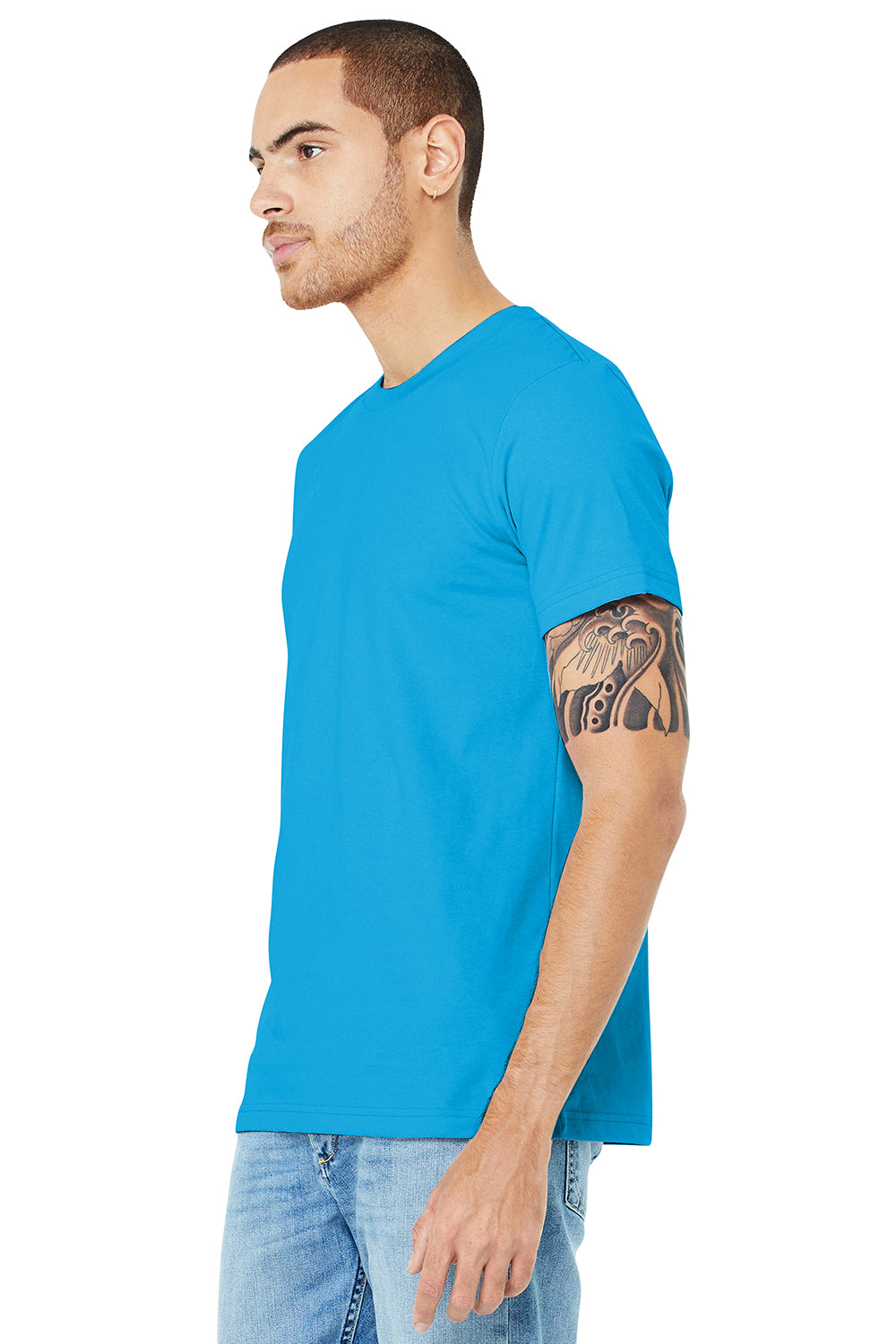 Bella + Canvas BC3001/3001C Mens Jersey Short Sleeve Crewneck T-Shirt Turquoise Blue Model 3Q