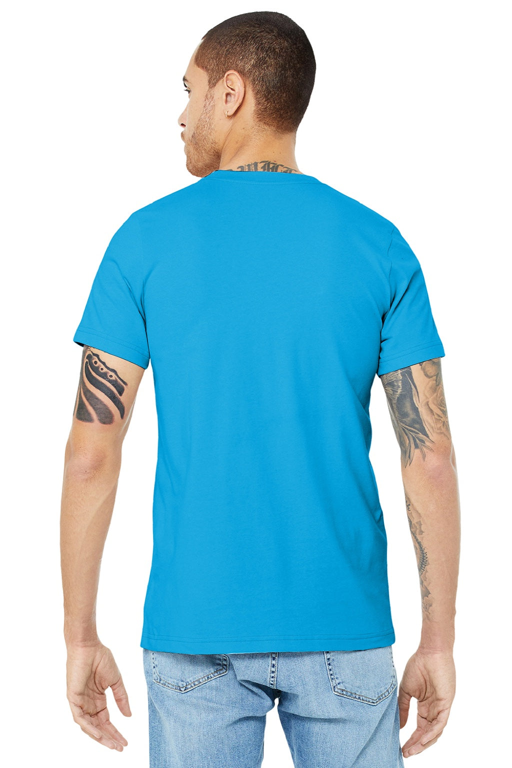Bella + Canvas BC3001/3001 Mens Jersey Short Sleeve Crewneck T-Shirt Turquoise Blue Model Back