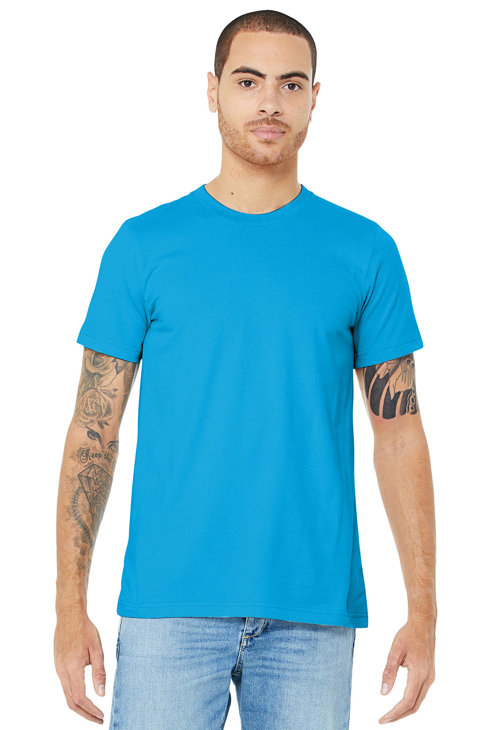 Bella + Canvas BC3001/3001C Mens Jersey Short Sleeve Crewneck T-Shirt Turquoise Blue Model Front