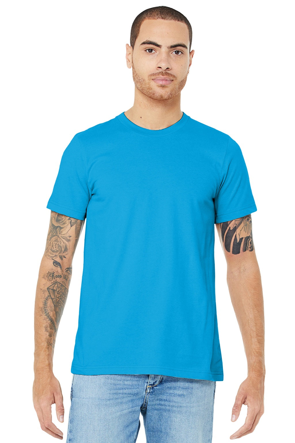 Bella + Canvas BC3001/3001 Mens Jersey Short Sleeve Crewneck T-Shirt Turquoise Blue Model Front