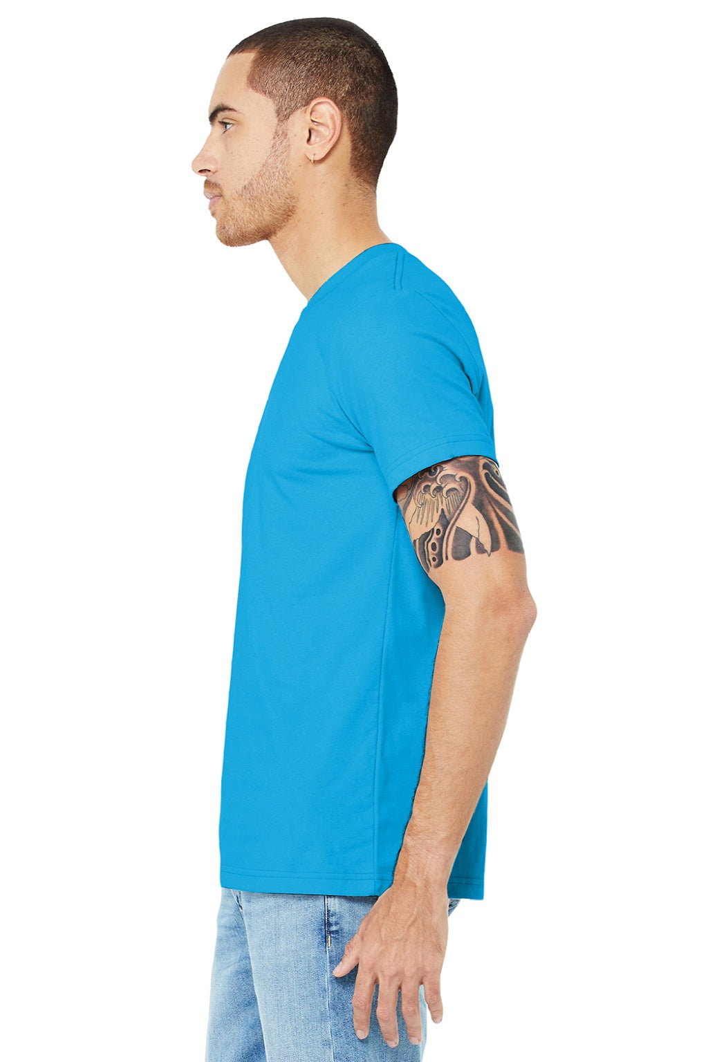 Bella + Canvas BC3001/3001 Mens Jersey Short Sleeve Crewneck T-Shirt Turquoise Blue Model Side