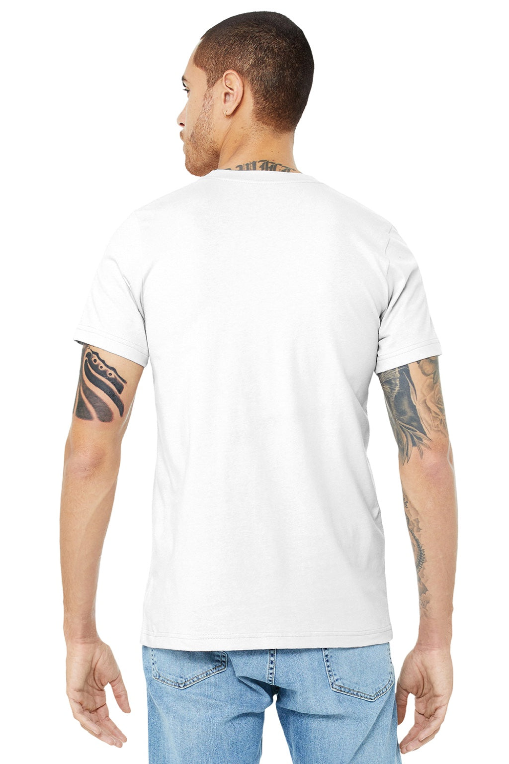 Bella + Canvas BC3001/3001 Mens Jersey Short Sleeve Crewneck T-Shirt White Model Back