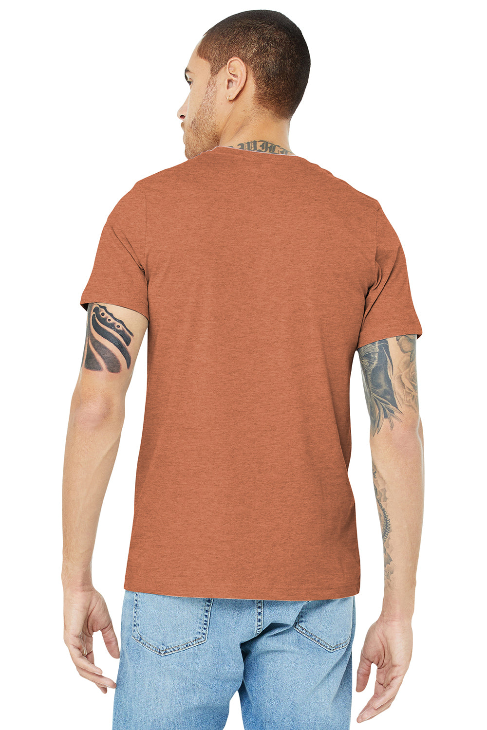 Bella + Canvas BC3001CVC/3001CVC Mens Heather CVC Short Sleeve Crewneck T-Shirt Heather Autumn Orange Model Back