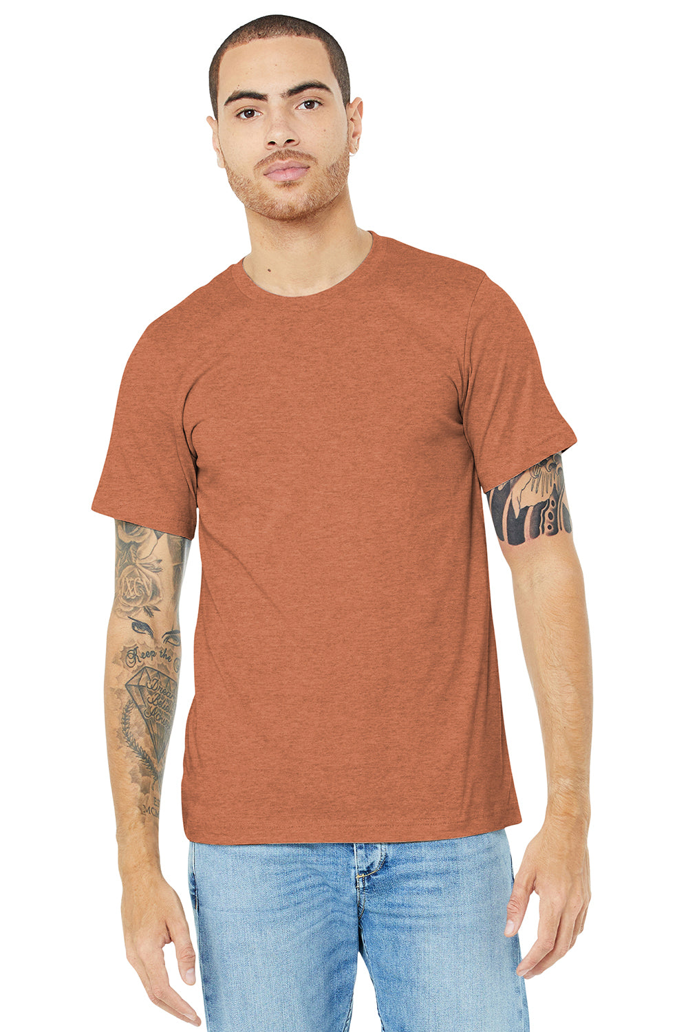 Bella + Canvas BC3001CVC/3001CVC Mens Heather CVC Short Sleeve Crewneck T-Shirt Heather Autumn Orange Model Front