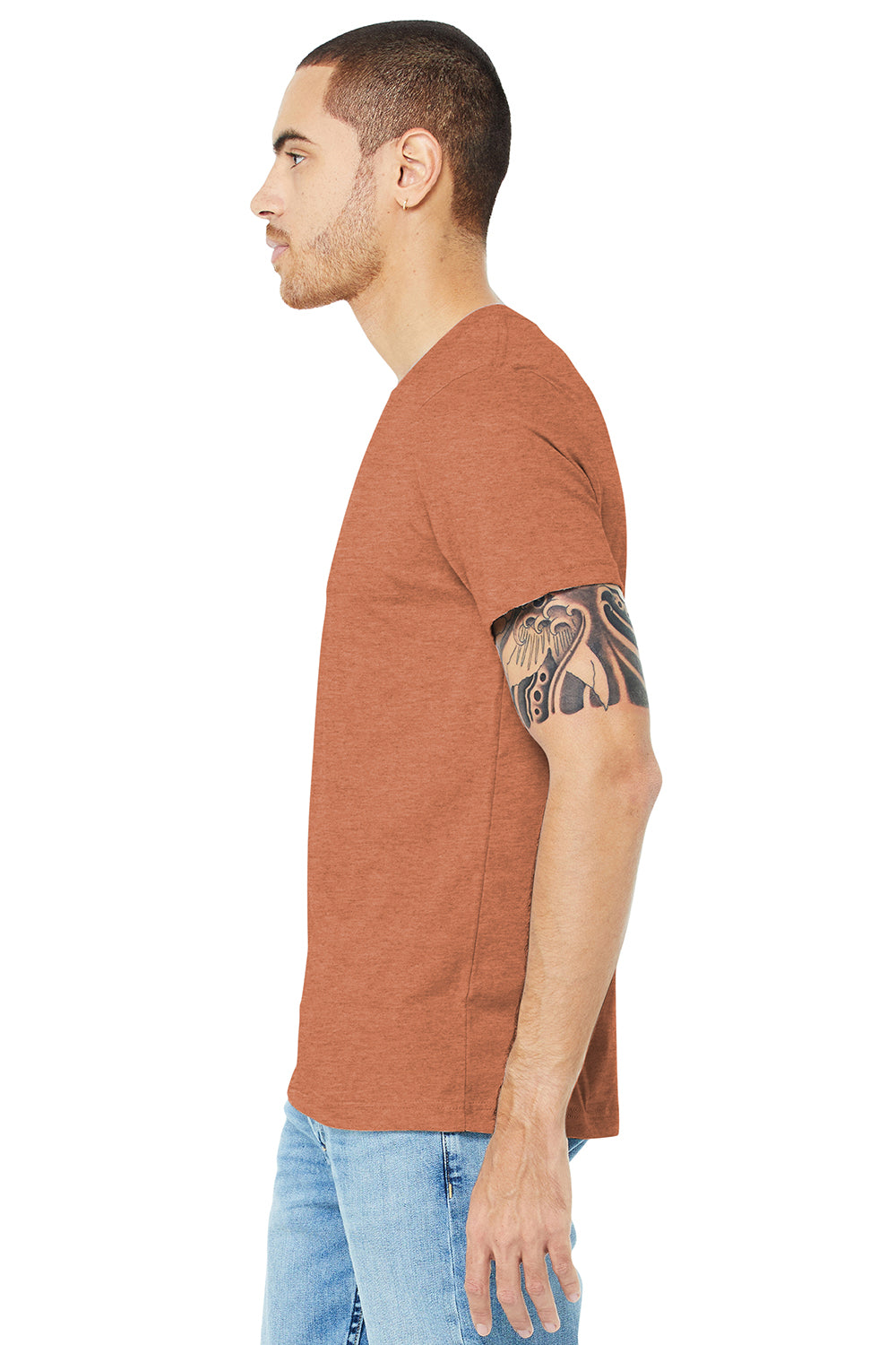 Bella + Canvas BC3001CVC/3001CVC Mens Heather CVC Short Sleeve Crewneck T-Shirt Heather Autumn Orange Model Side
