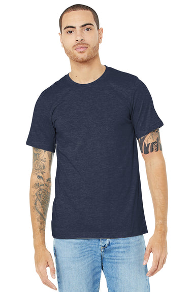 Bella + Canvas BC3001CVC/3001CVC Mens Heather CVC Short Sleeve Crewneck T-Shirt Heather Midnight Navy Blue Model Front