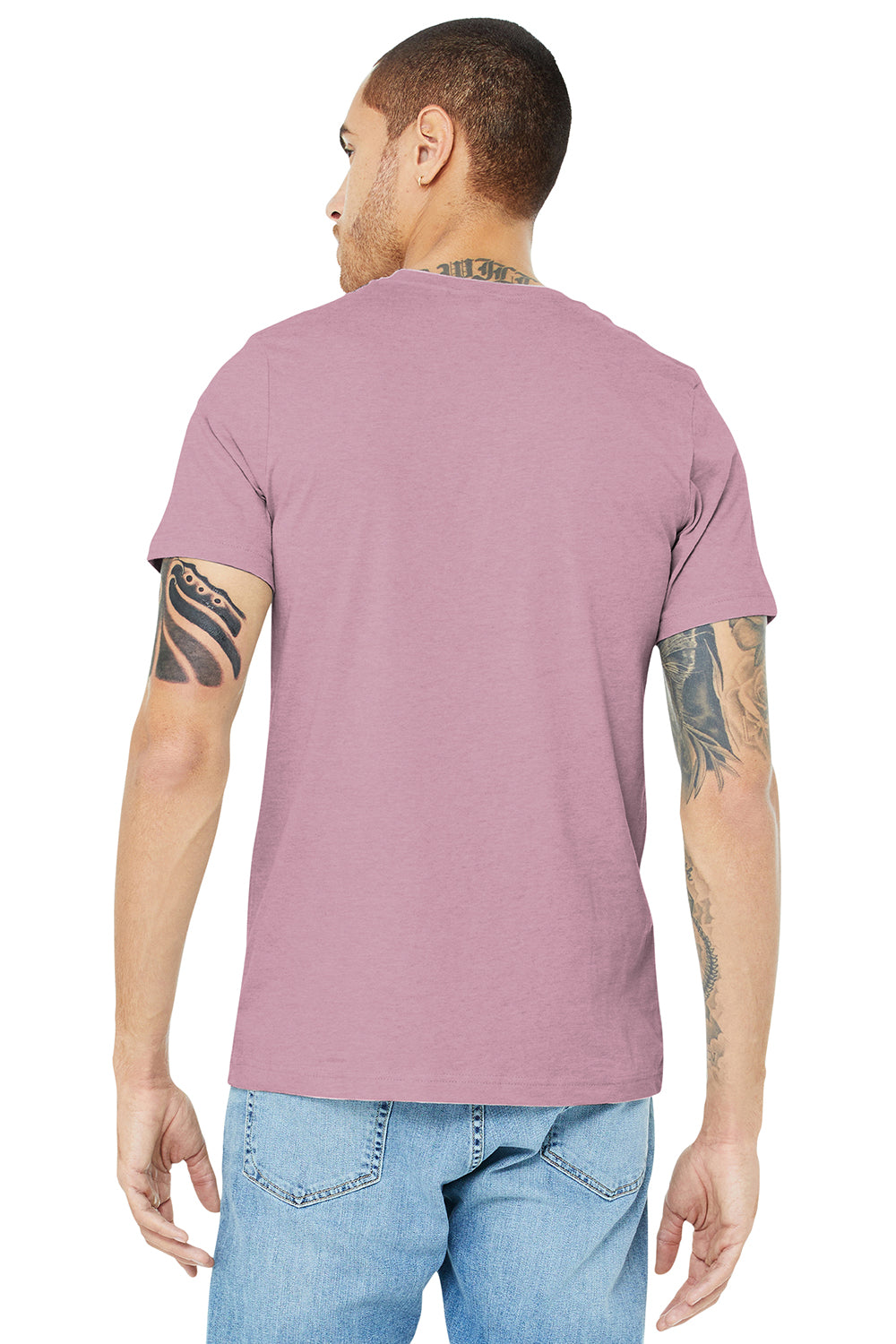 Bella + Canvas BC3001CVC/3001CVC Mens Heather CVC Short Sleeve Crewneck T-Shirt Heather Prism Lilac Purple Model Back