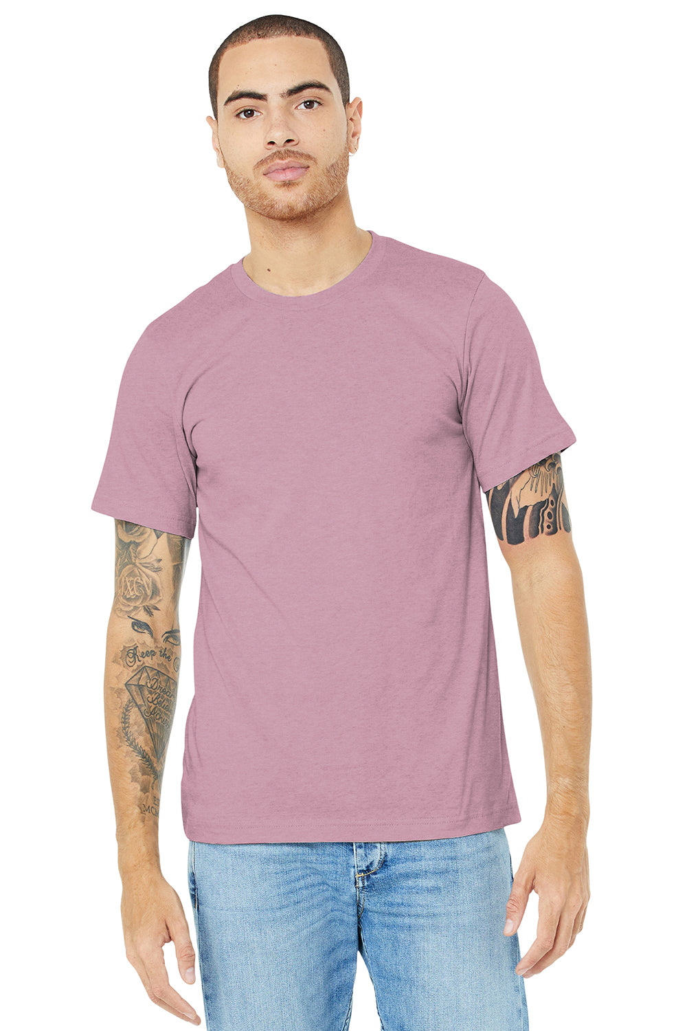 Bella + Canvas BC3001CVC/3001CVC Mens Heather CVC Short Sleeve Crewneck T-Shirt Heather Prism Lilac Purple Model Front