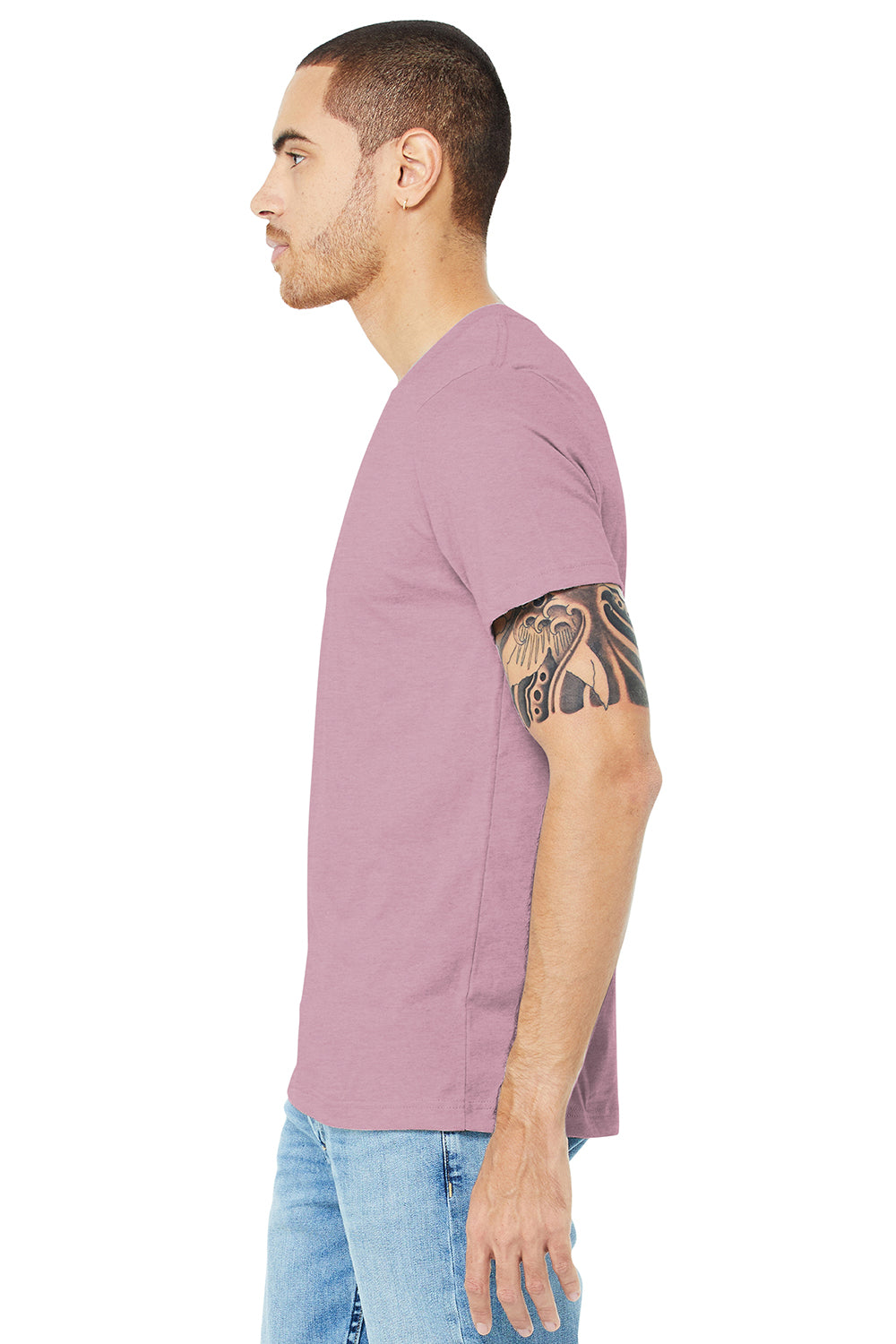 Bella + Canvas BC3001CVC/3001CVC Mens Heather CVC Short Sleeve Crewneck T-Shirt Heather Prism Lilac Purple Model Side