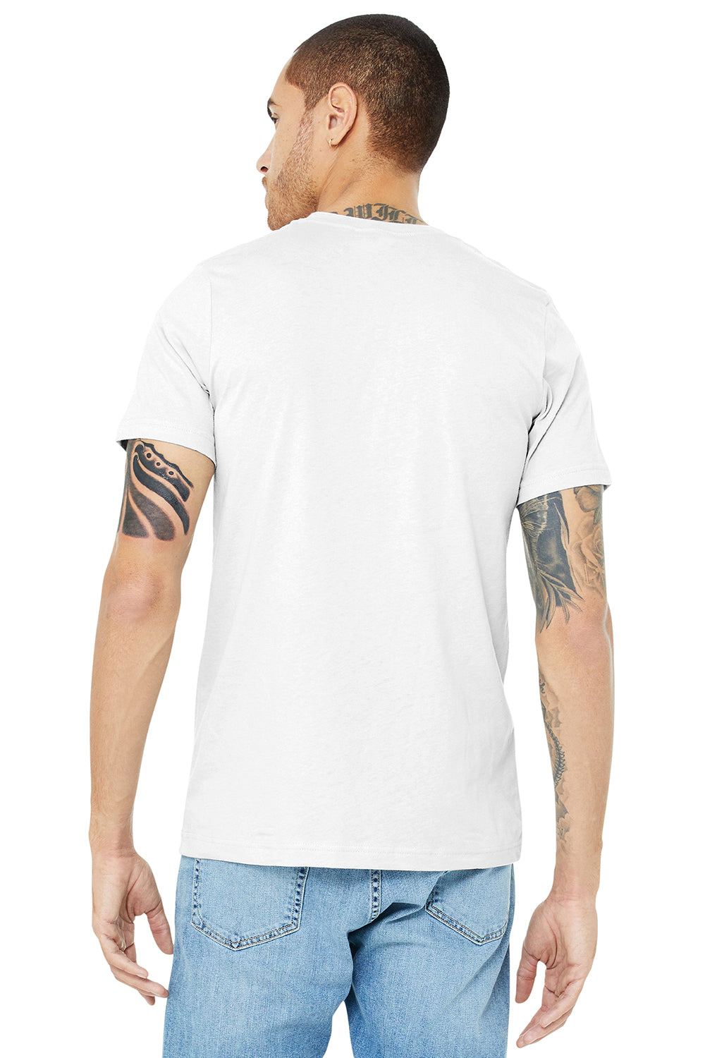 Bella + Canvas BC3001CVC/3001CVC Mens Heather CVC Short Sleeve Crewneck T-Shirt Solid White Blend Model Back