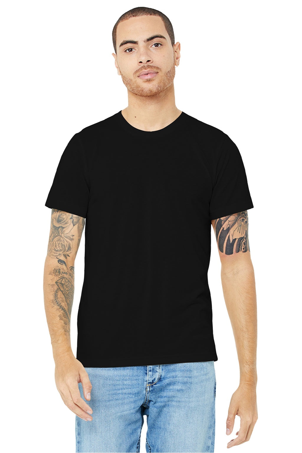 Bella + Canvas BC3001U Mens USA Made Jersey Short Sleeve Crewneck T-Shirt Black Model Front