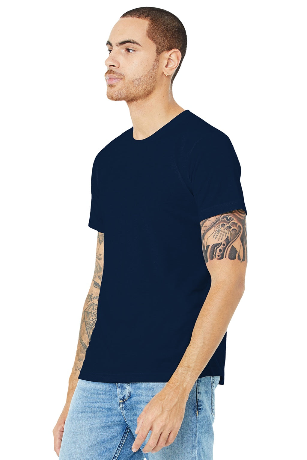 Bella + Canvas BC3001U Mens USA Made Jersey Short Sleeve Crewneck T-Shirt Navy Blue Model 3Q