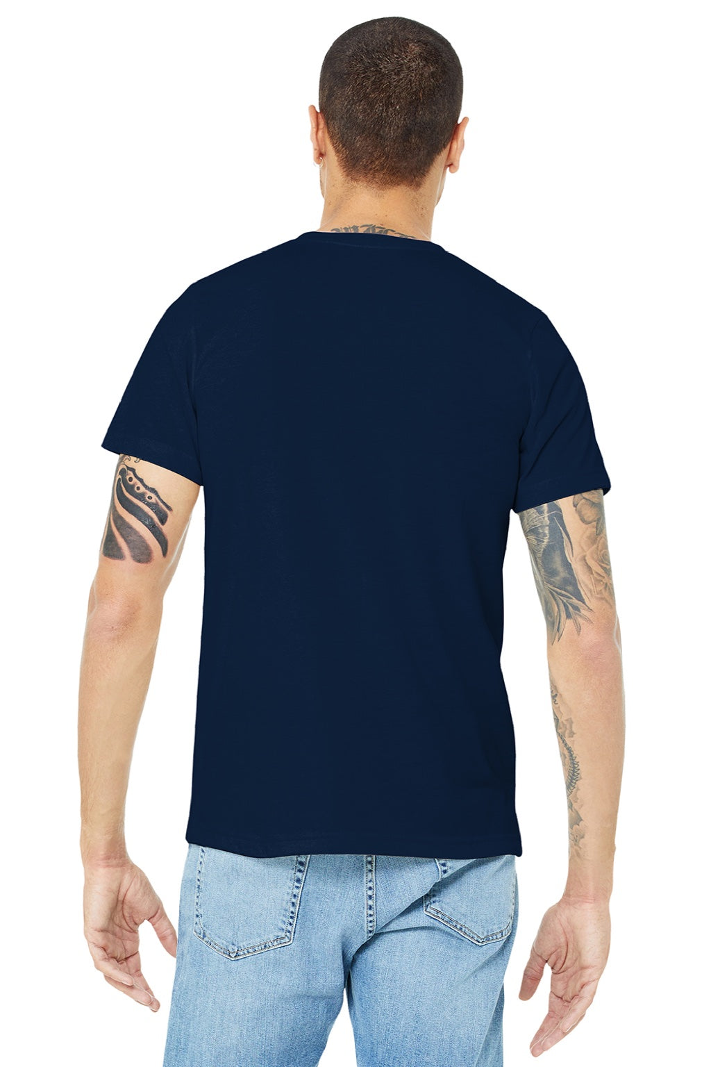 Bella + Canvas BC3001U Mens USA Made Jersey Short Sleeve Crewneck T-Shirt Navy Blue Model Back
