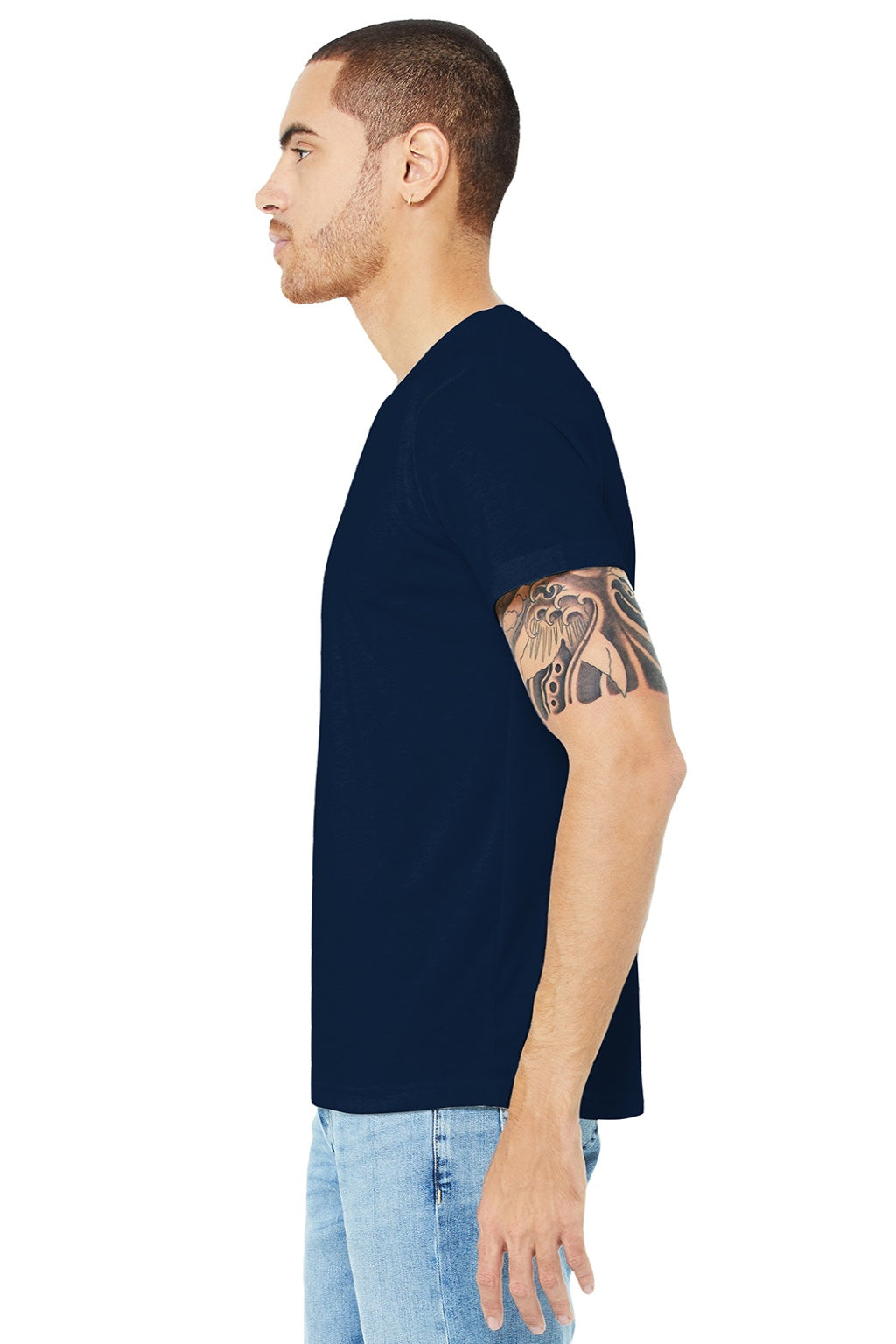 Bella + Canvas BC3001U Mens USA Made Jersey Short Sleeve Crewneck T-Shirt Navy Blue Model Side