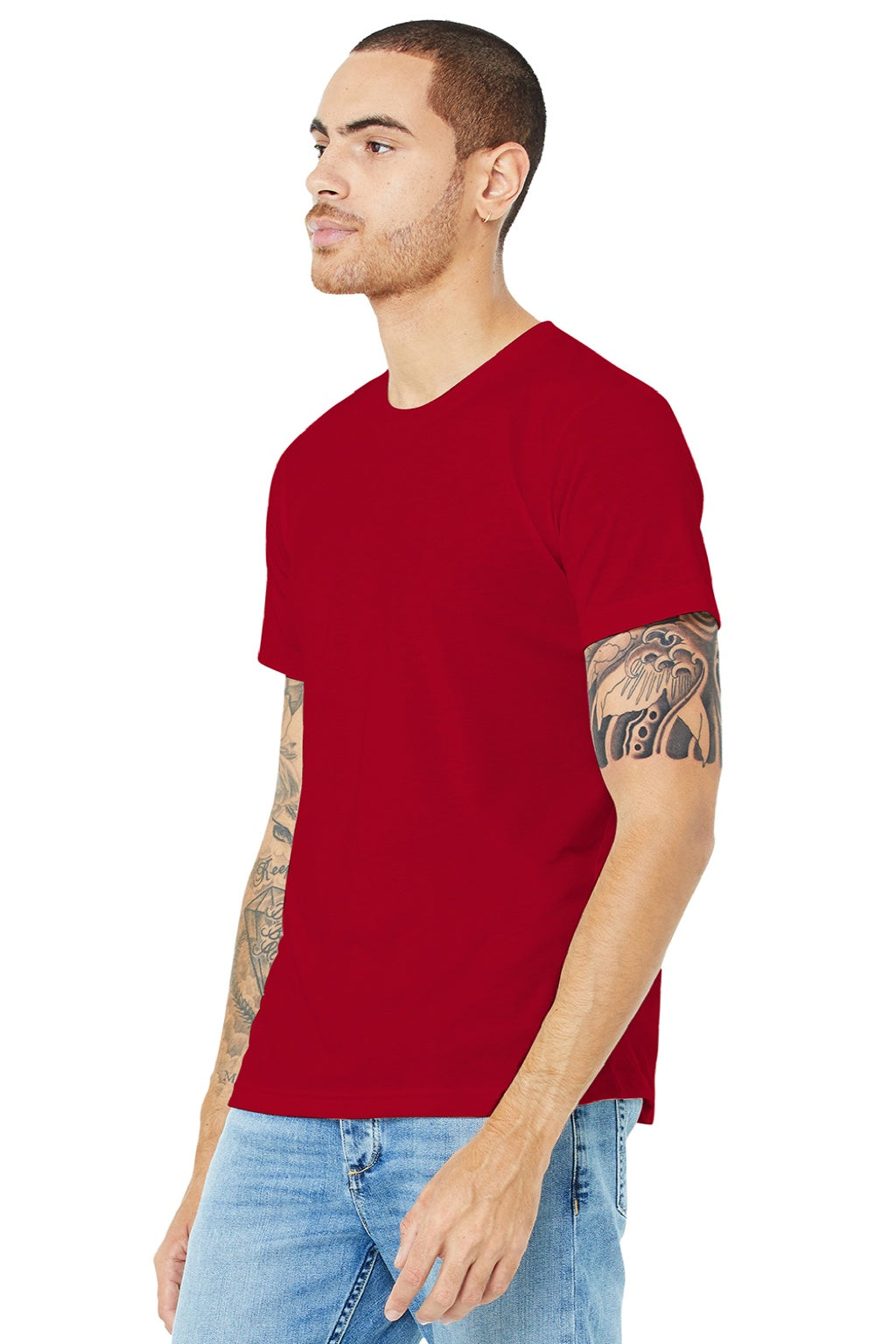 Bella + Canvas BC3001U Mens USA Made Jersey Short Sleeve Crewneck T-Shirt Red Model 3Q