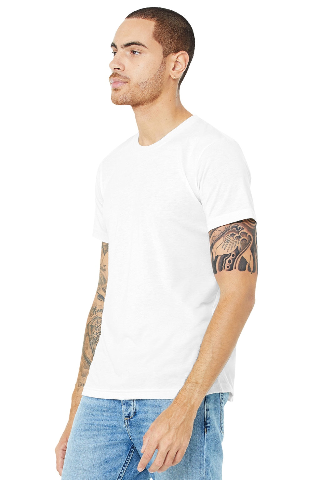 Bella + Canvas BC3001U Mens USA Made Jersey Short Sleeve Crewneck T-Shirt White Model 3Q