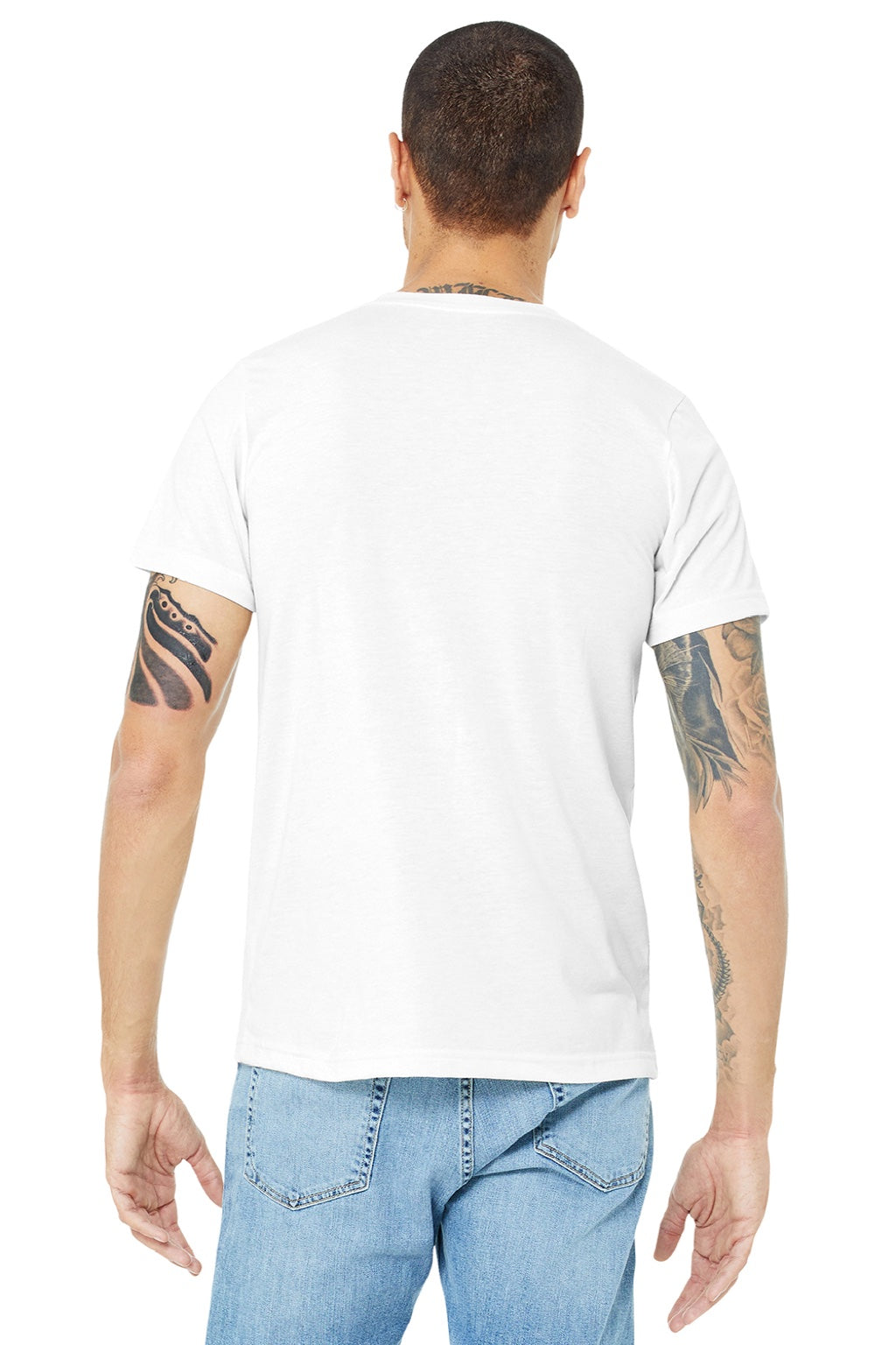 Bella + Canvas BC3001U Mens USA Made Jersey Short Sleeve Crewneck T-Shirt White Model Back