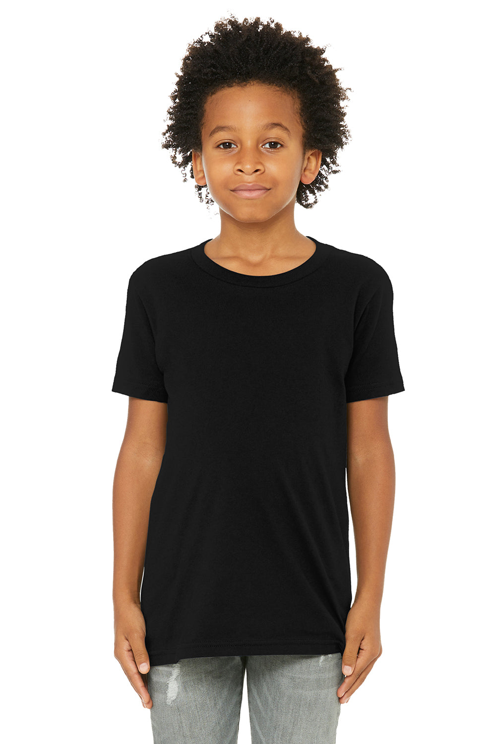 Bella + Canvas 3001Y Youth Jersey Short Sleeve Crewneck T-Shirt Black Model Front