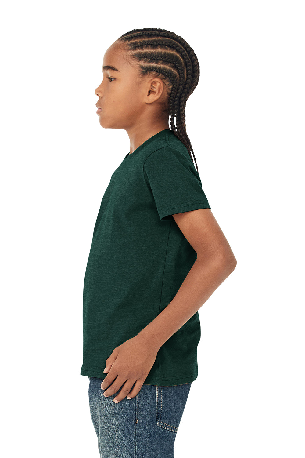 Bella + Canvas 3001Y Youth Jersey Short Sleeve Crewneck T-Shirt Heather Forest Green Model Side
