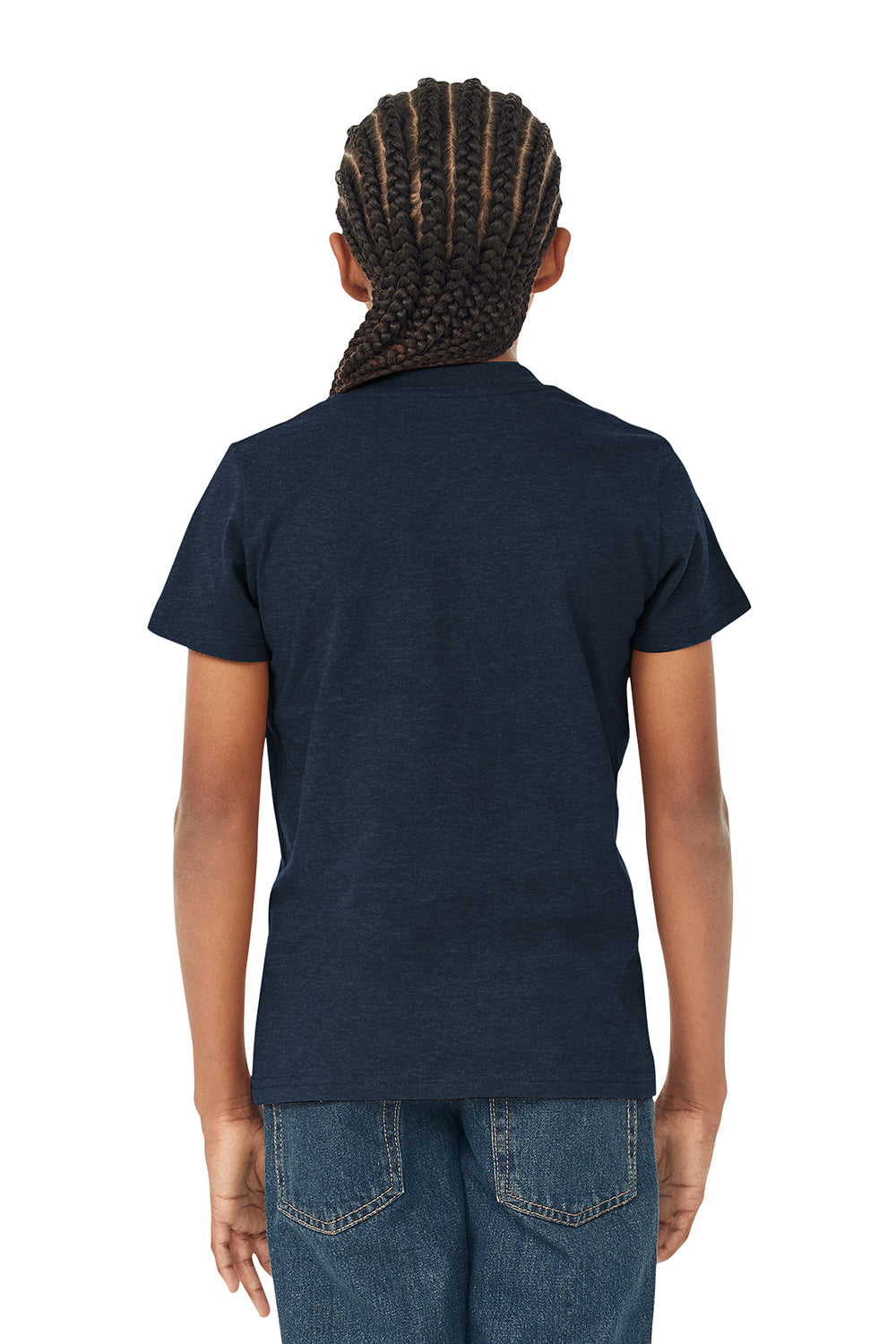 Bella + Canvas 3001Y Youth Jersey Short Sleeve Crewneck T-Shirt Heather Navy Blue Model Back