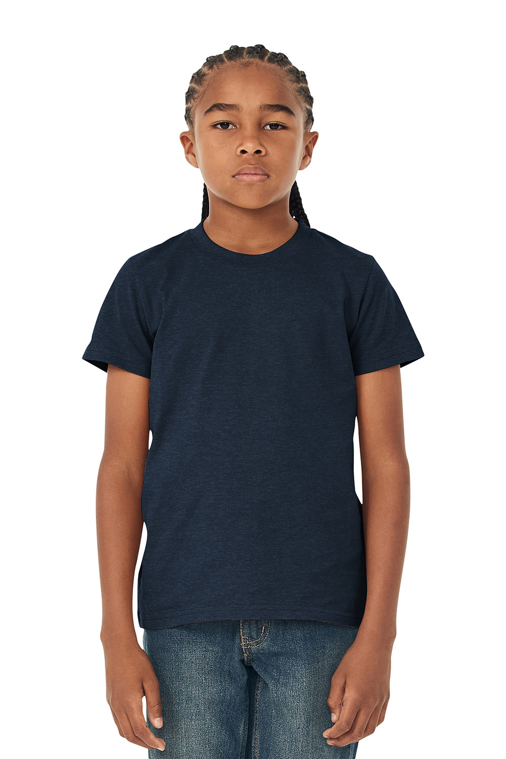 Bella + Canvas 3001Y Youth Jersey Short Sleeve Crewneck T-Shirt Heather Navy Blue Model Front