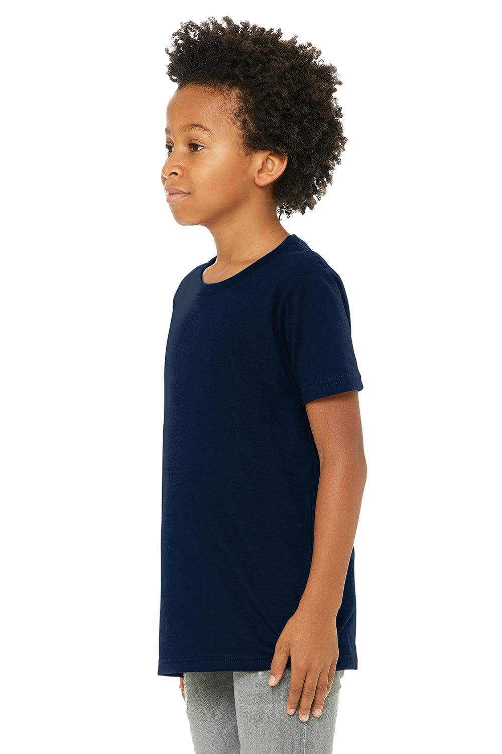 Bella + Canvas 3001Y Youth Jersey Short Sleeve Crewneck T-Shirt Navy Blue Model Side