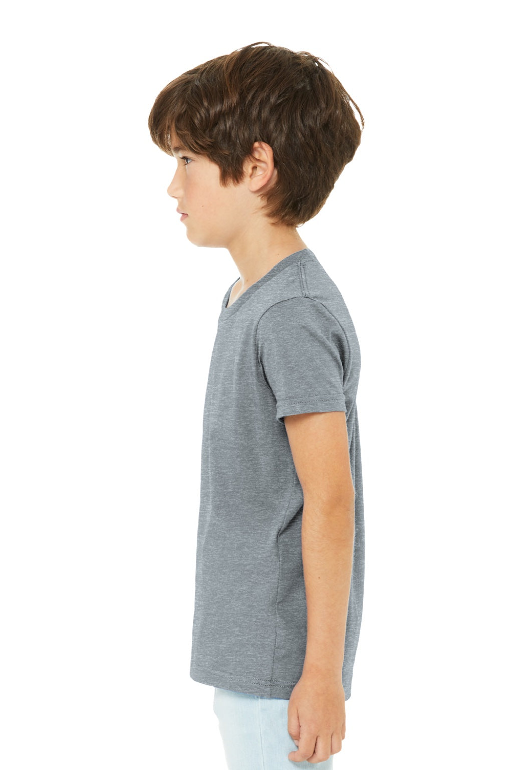 Bella + Canvas BC3001YCVC/3001YCVC Youth Jersey Short Sleeve Crewneck T-Shirt Heather Grey Model Side