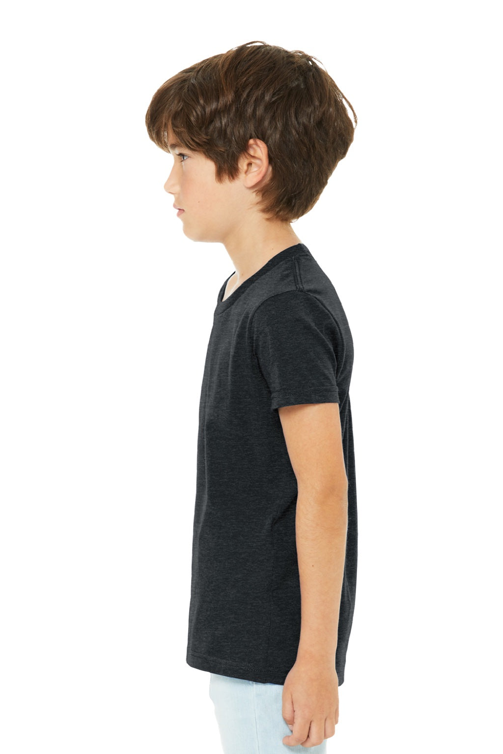 Bella + Canvas BC3001YCVC/3001YCVC Youth Jersey Short Sleeve Crewneck T-Shirt Heather Dark Grey Model Side