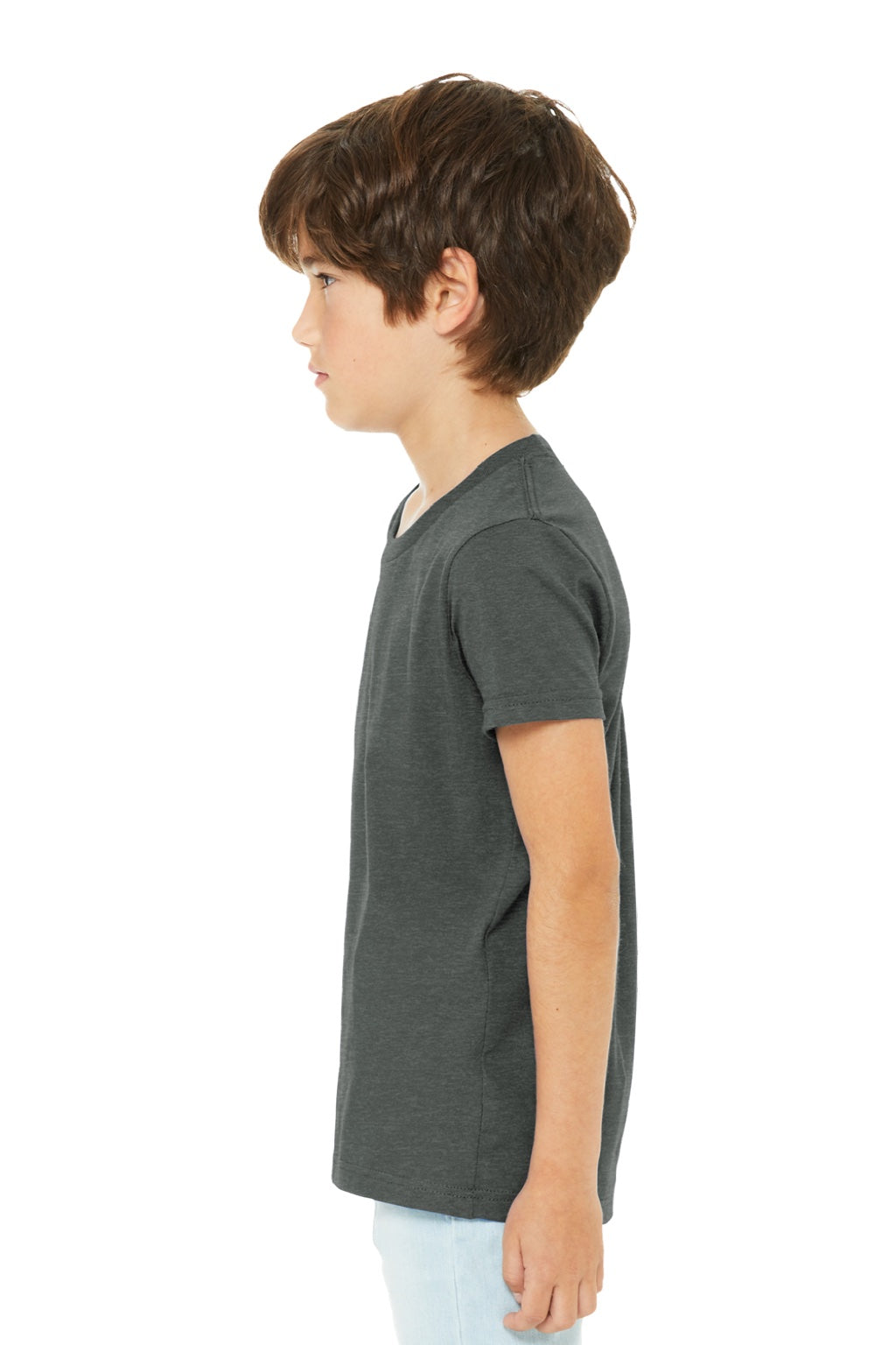 Bella + Canvas BC3001YCVC/3001YCVC Youth Jersey Short Sleeve Crewneck T-Shirt Heather Deep Grey Model Side
