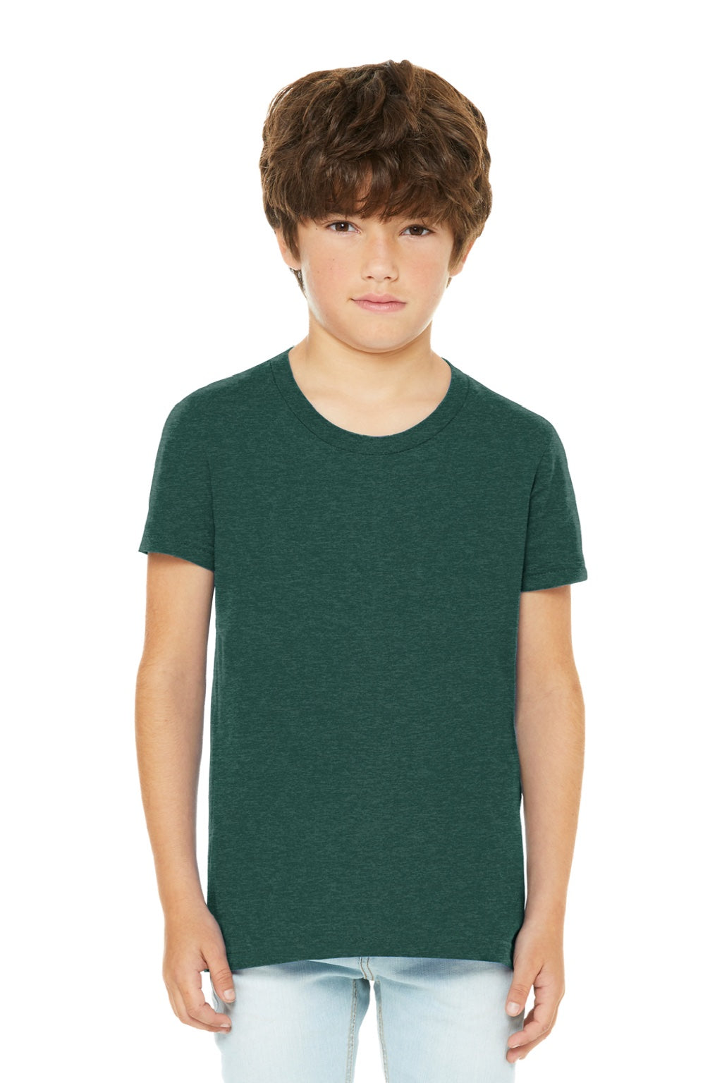 Bella + Canvas BC3001YCVC/3001YCVC Youth Jersey Short Sleeve Crewneck T-Shirt Heather Forest Green Model Front